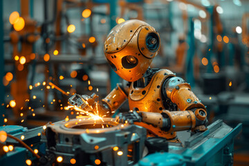 Fototapeta premium Cute vintage robotic mechanic repairing a car engine inside a automotive workshop by using special equipment, sparks flying while it welds metal parts together. AI Machines in the service of humans