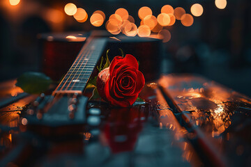 acoustic guitar on a table with a red rose, dark and dramatic lighting. - obrazy, fototapety, plakaty