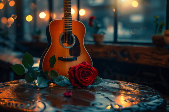guitar on the wall with red rose