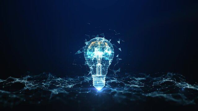 Digital network light bulb with human brain inside on blue background, Wireframe light bulb with a digital network effect, symbolizing connectivity and innovation, Creative idea concept.
