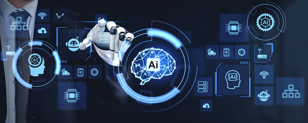 Hand of man in suit interacting with AI AR interface