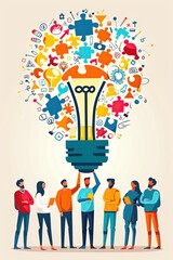 A group of people are holding a light bulb, symbolizing the idea of innovation