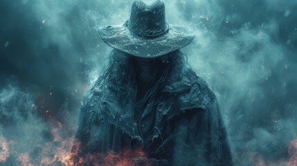 a man in a hat and cloak standing in front of a fire with a lot of smoke coming out of it. - obrazy, fototapety, plakaty