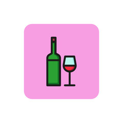 Icon of wine bottle and glass. Wineglass, winery, dinner. Celebration and drinks concept. Can be used for topics like restaurant, holiday, bar.