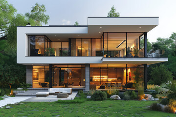  Modern two-story villa, with white walls and glass windows, featuring large floor-to-ceiling windows on the first floor of each story, and green lawns in front, neatly arranged with plants.  - obrazy, fototapety, plakaty