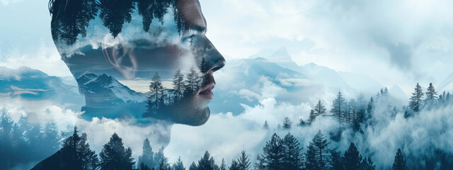 Double exposure of man and forest of cloudy mountains
