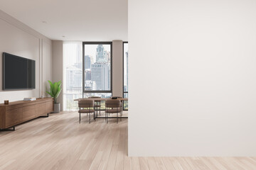 Fototapeta premium Interior of white dining room with beige chairs, long table standing in front of TV set, template