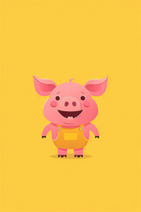 A cartoon pig is standing on a yellow background with a smile on its face