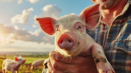 Close-up of a piglet being cradled by a smiling man in a checkered shirt with a sunlit field and sky in the background.
