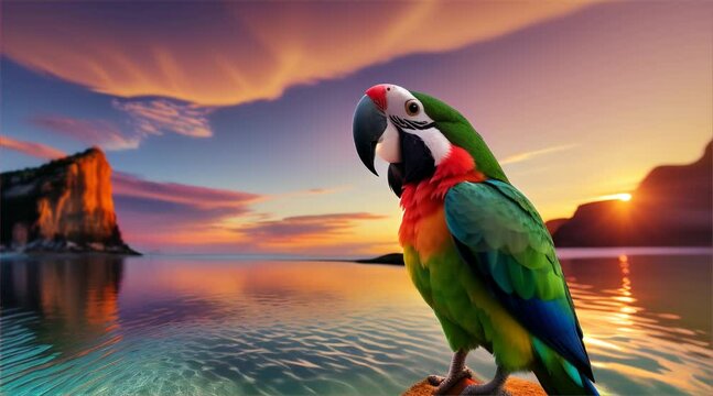 A cartoon parrot wading in a clear lagoon, surrounded by towering cliffs and crystal waters that reflect the sunset sky