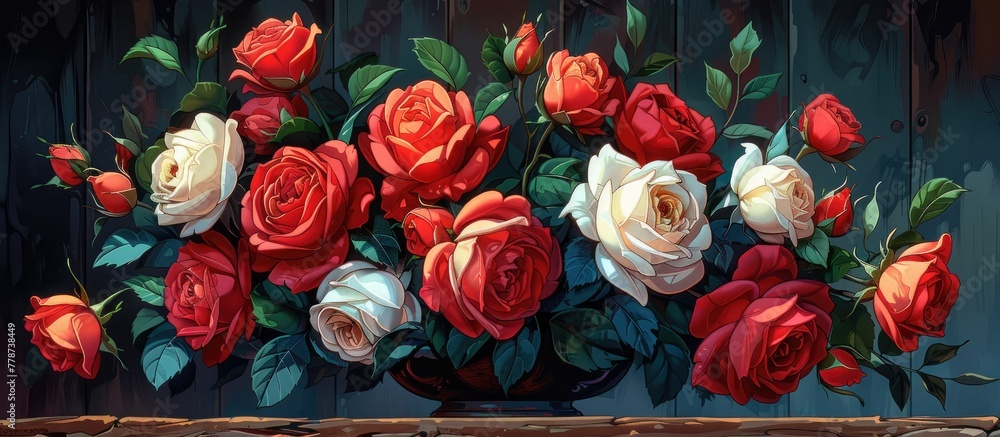 Canvas Prints Vibrant roses displayed in a vase placed on a table with a rustic wooden background, creating a charming and natural scene