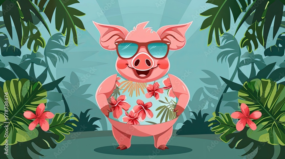 Canvas Prints a cartoon pig wearing sunglasses and a hawaiian shirt