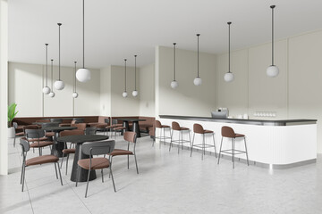 Modern restaurant or cafe interior with stylish furniture and pendant lights, light background,...