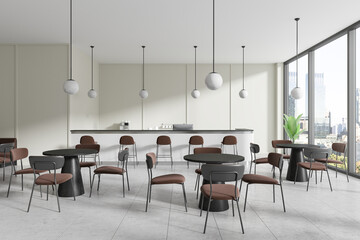 Fototapeta na wymiar Modern cafe interior with tables and chairs, large windows offering a city view, in a light and clean graphic style, concept of dining space. 3D Rendering