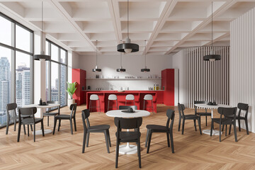Modern kitchen interior with dining area, red cabinets, skyscraper city background, contemporary design, 3D Rendering.