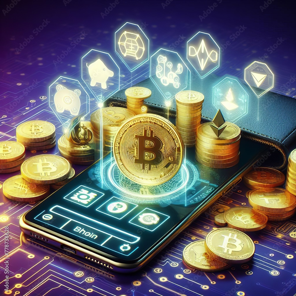 Poster a visually engaging conceptual image showcasing cryptocurrency coins with bitcoin in focus on a smar