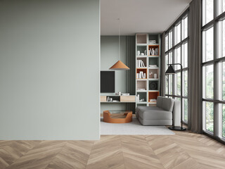Green living room interior with couch and blank wall