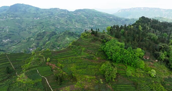 Aerial landscape of the mountain in spring day at Leshan Sichuan China village house in the mountain valley