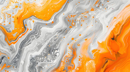 Abstract orange and grey marble background with fluid acrylic paint swirls