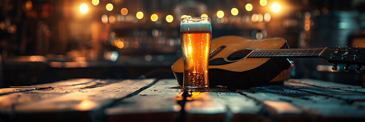 acoustic guitar and a glass of beer - obrazy, fototapety, plakaty
