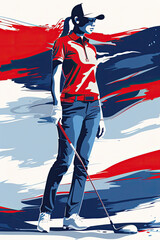 A woman in a red shirt and blue pants is holding a golf club