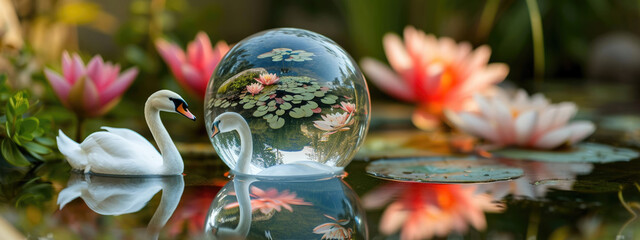 swan glass ball on water lily