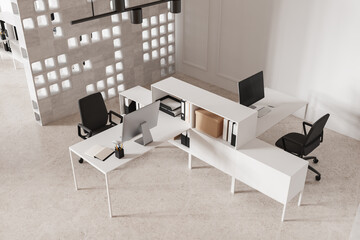 Top view of office workplace interior with pc monitors and chairs with shelf