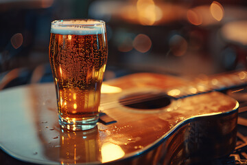 Fototapeta na wymiar glass of beer with acoustic guitar
