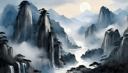 Mountain range landscape painting featuring cliffs, waterfalls, and blue smoke clouds in the Chines. - obrazy, fototapety, plakaty