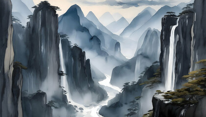 Mountain range landscape painting featuring cliffs, waterfalls, and blue smoke clouds in the Chines. - obrazy, fototapety, plakaty
