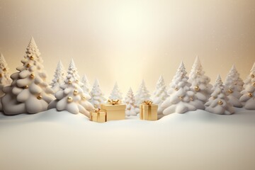 There are lot of packed gifts next to Christmas trees in snowy forest. New Year.