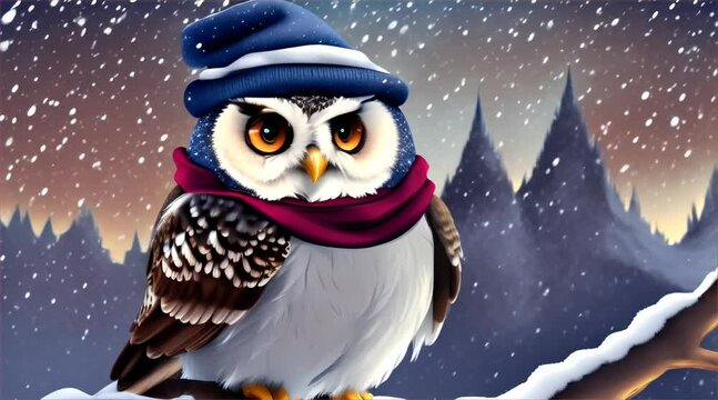 A cute owl cartoon with a scarf and hat sitting on a tree branch in a snowy night with snowflakes falling around it
