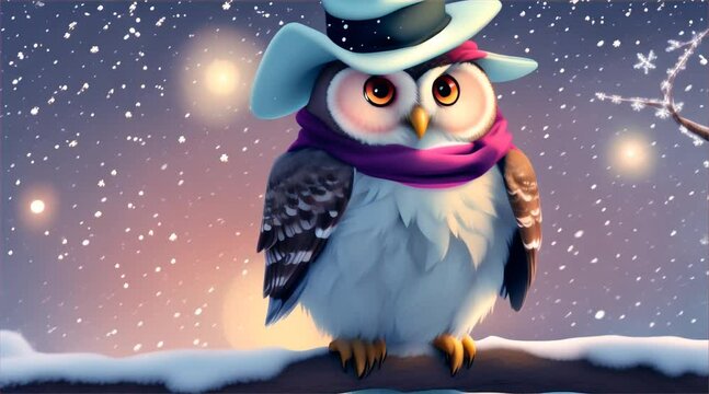 A cute owl cartoon with a scarf and hat sitting on a tree branch in a snowy night with snowflakes falling around it