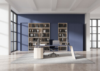 Blue CEO office interior with bookcase - obrazy, fototapety, plakaty