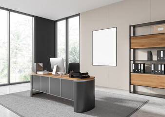 Stylish ceo interior desk with pc computer and shelf with decor. Mockup frame - obrazy, fototapety, plakaty