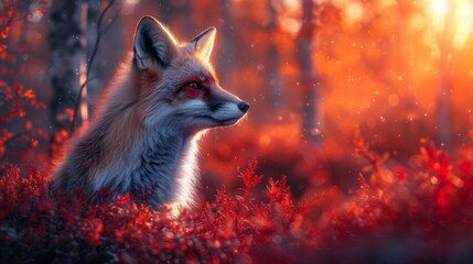 Obraz premium a close up of a fox in a field of grass with trees in the background and red leaves in the foreground.