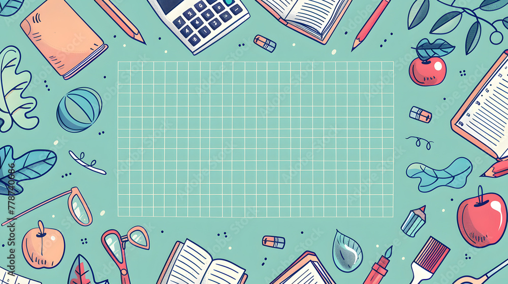 Poster an endearing flat cartoon vector scene with school items, grid pattern in the core of the picture