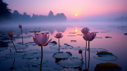 Beautiful scenery of a pond with lotus plants in the morning light