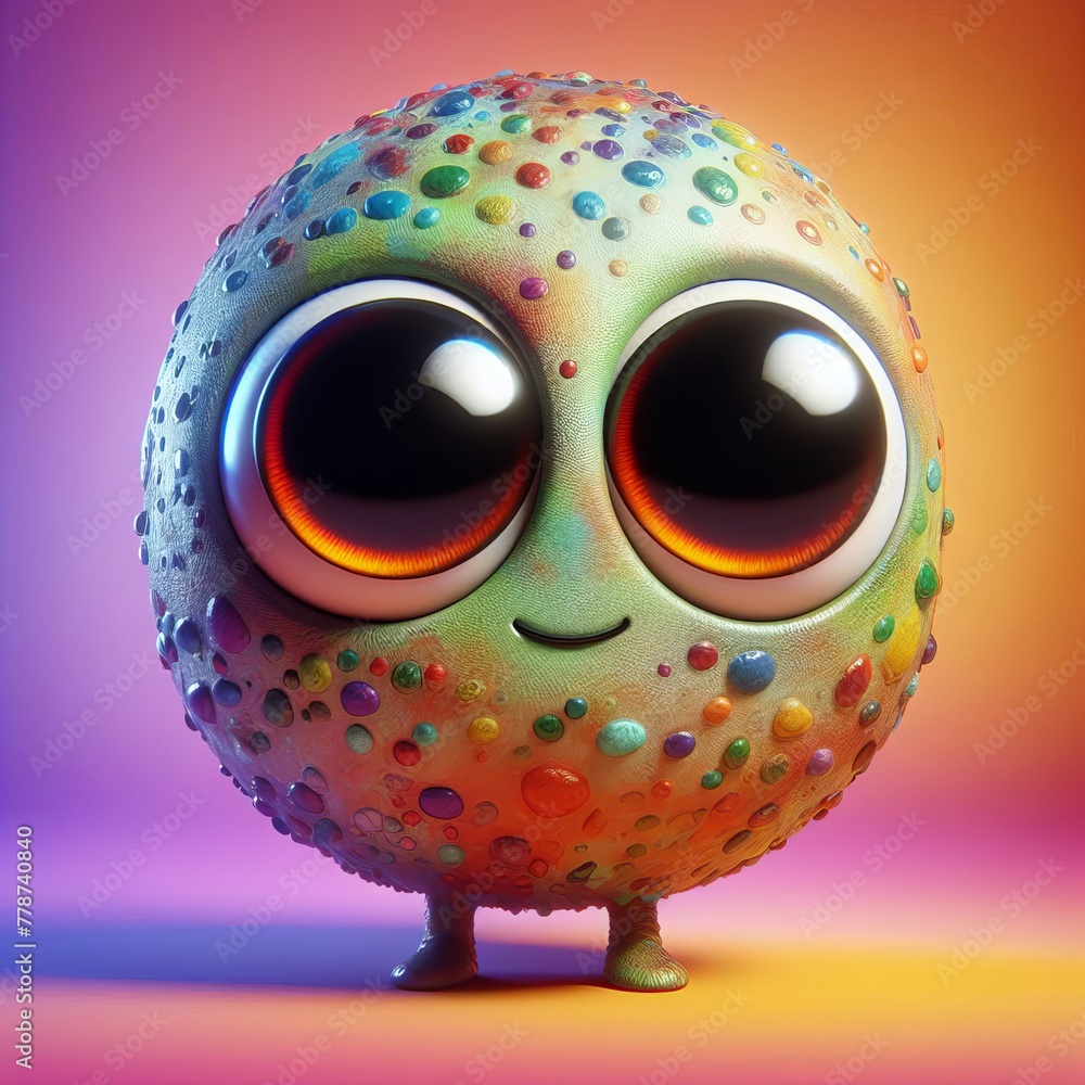 Poster a spherical creature with a dotted texture and large, soulful eyes, radiating charm against a soft-h