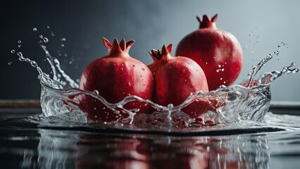 Juicy and ripe pomegranates fall into the water.