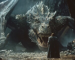 A dragon is shown in a movie scene with a man standing in front of it. The dragon is large and menacing, with its mouth wide open and teeth bared. The man is in awe of the creature, but also cautious