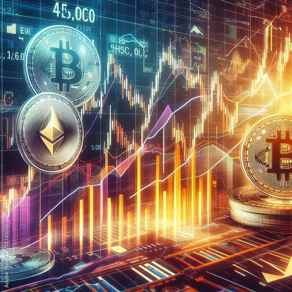 Poster visual metaphor for the volatility of the cryptocurrency market, with fluctuating trend lines and co