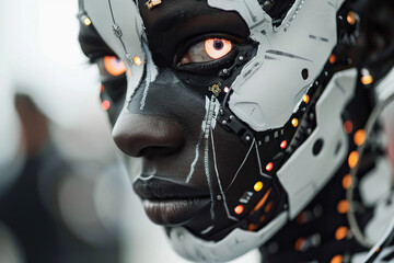 Fototapeta premium A close-up of an intricate cybernetic face, where humanity and advanced AI converge with piercing intensity.