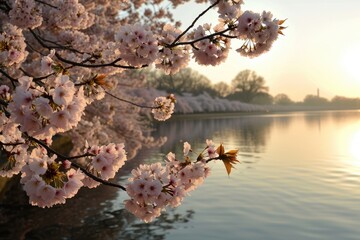 A tranquil morning scene of cherry blossom in full bloom along , AI generated