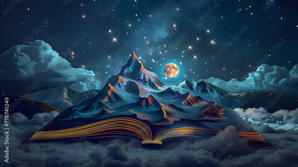 Poster an open book with mountains and clouds emerging from it