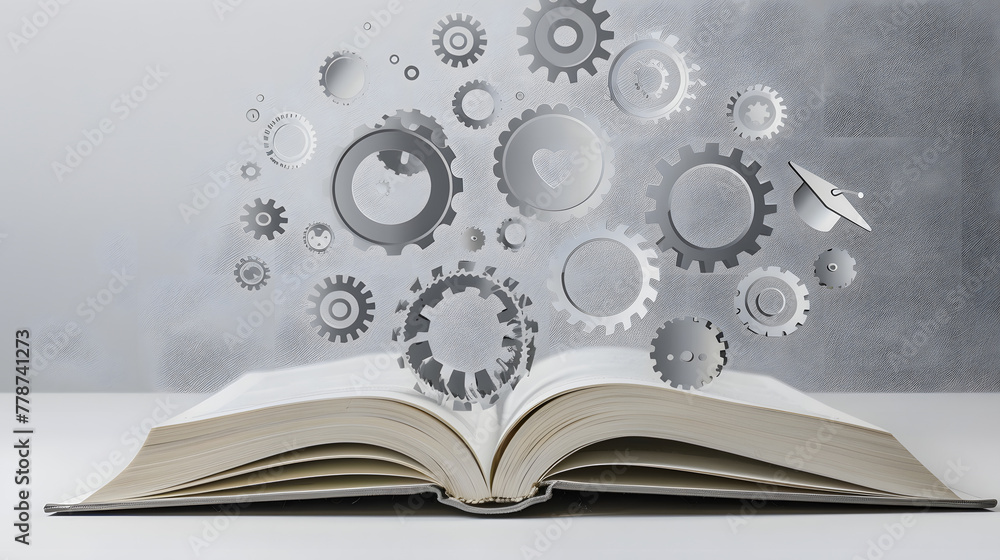 Poster an open book with symbols of education and knowledge floating above it