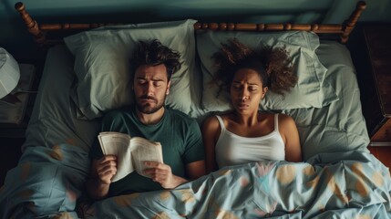 An unhappy couple lies in bed, their expressions conveying sadness and dissatisfaction, hinting at relationship troubles - obrazy, fototapety, plakaty