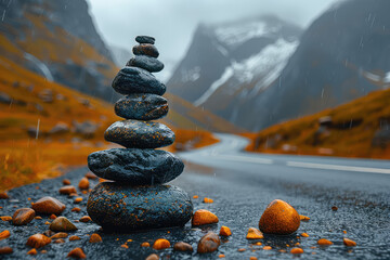 Photo of A stack of pebbles on the road in Iceland, symbolizing balance and harmony with nature. Created with Ai - obrazy, fototapety, plakaty
