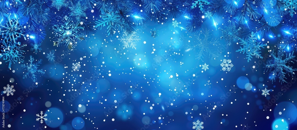 Poster electric blue snowflakes are fluidly falling against a moist background, creating a mesmerizing scie