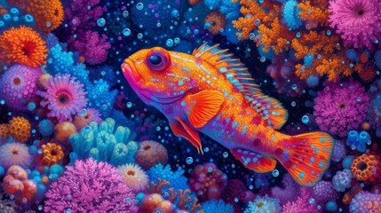 Fototapeta na wymiar a painting of a fish in a sea of colorful corals and sea anemones with bubbles in the water.